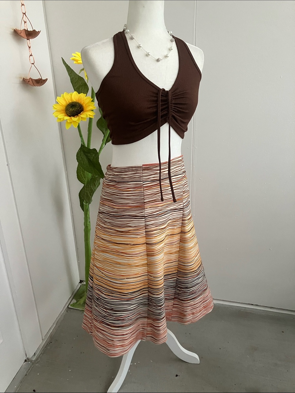 Vintage 70s Brown, Orange, & Black Scribble Striped Paneled Knee Length Skirt